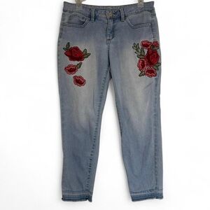 Size 4 Vintage Blue Denim Ana Ankle Jeans with Rose Embroidery Distressed Hem